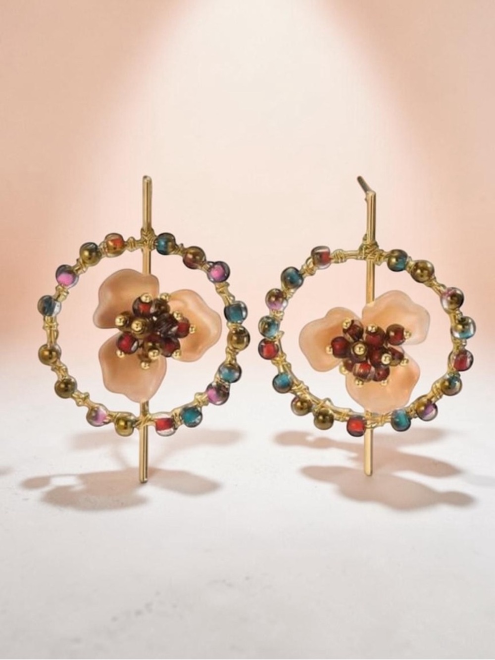 Gold Multi-Color Floral Hoop Earrings - Picture 4 of 4